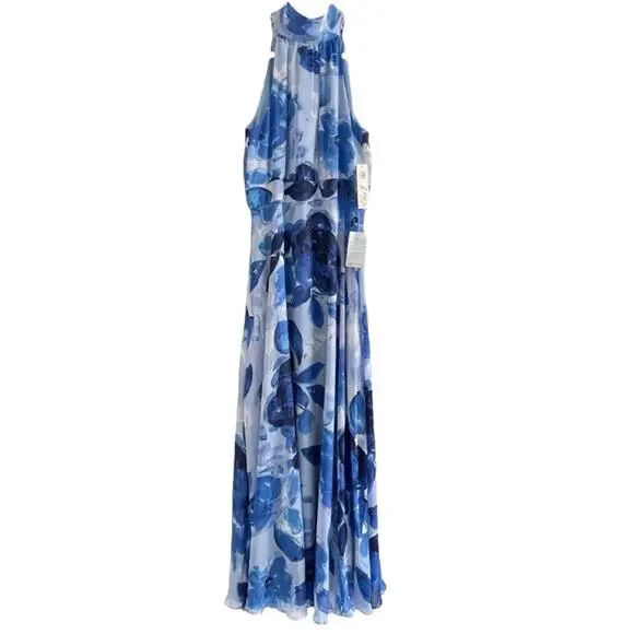 Eliza J Halter Neck Chiffon Maxi A Line Dress Gown Blue Floral Lined Size  10 NWT